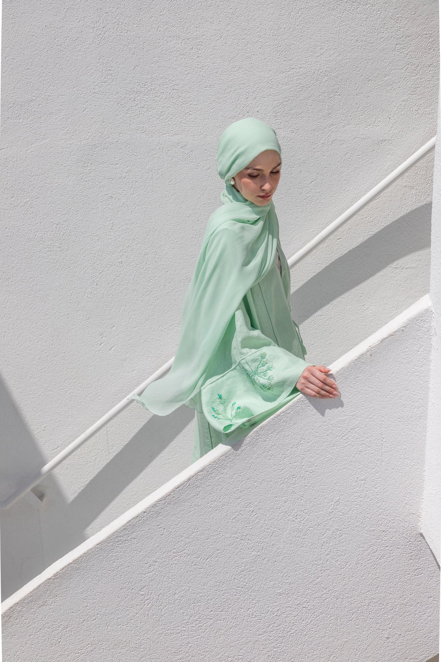 %100 Keten El Nakışlı Kimono Okyanus Yeşili