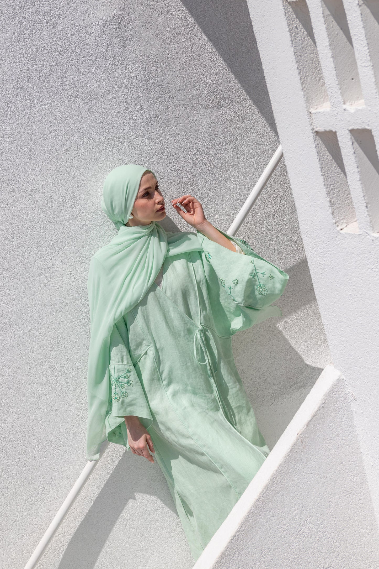 %100 Keten El Nakışlı Kimono Okyanus Yeşili