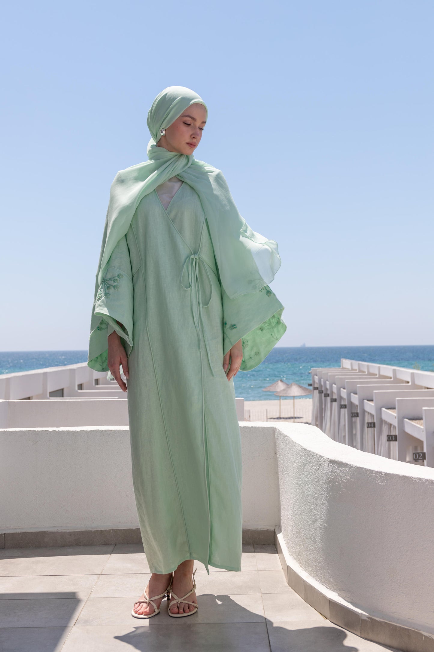 %100 Keten El Nakışlı Kimono Okyanus Yeşili