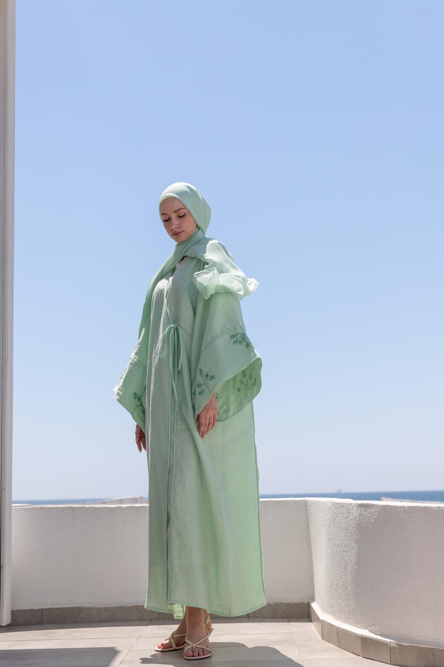 %100 Keten El Nakışlı Kimono Okyanus Yeşili