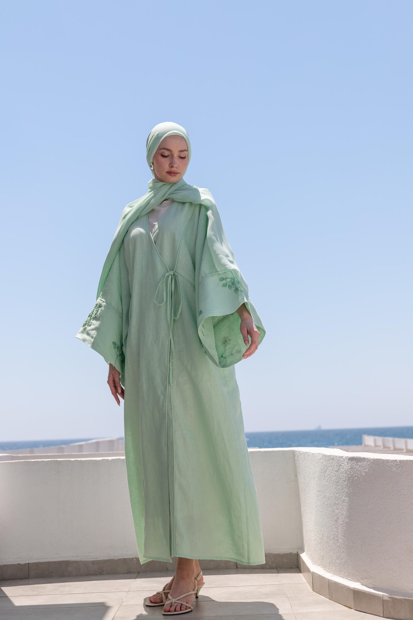 %100 Keten El Nakışlı Kimono Okyanus Yeşili