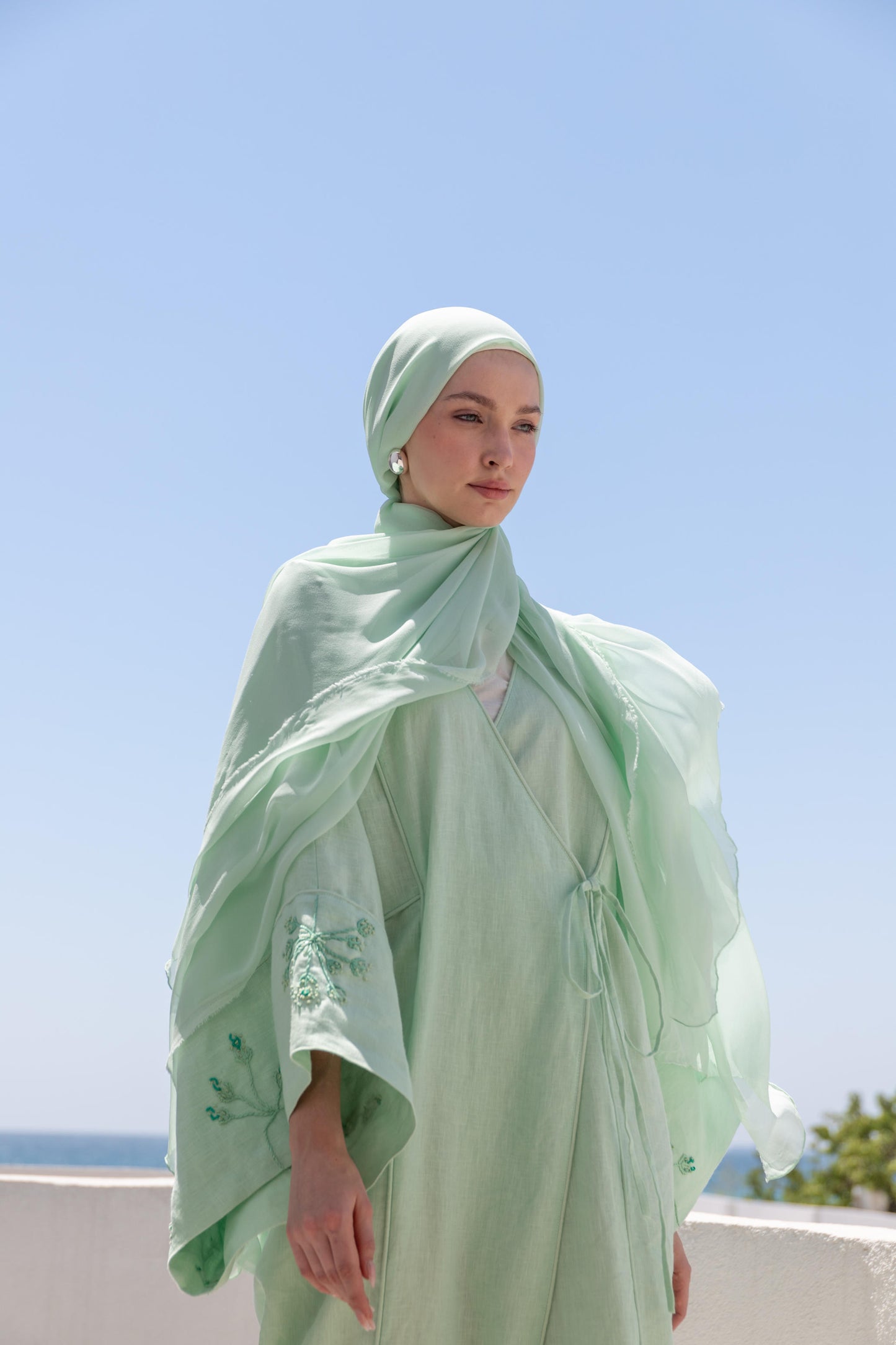 %100 Keten El Nakışlı Kimono Okyanus Yeşili