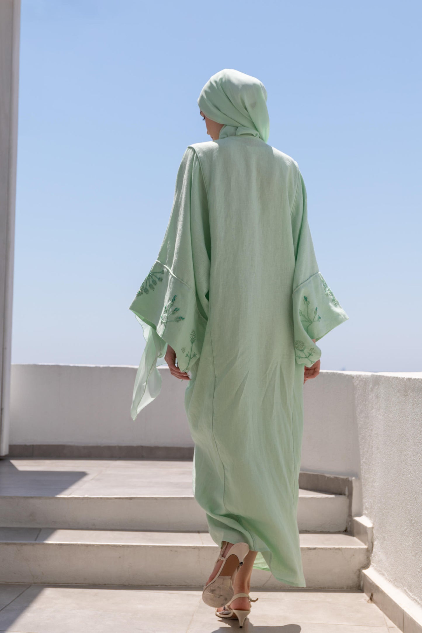 %100 Keten El Nakışlı Kimono Okyanus Yeşili