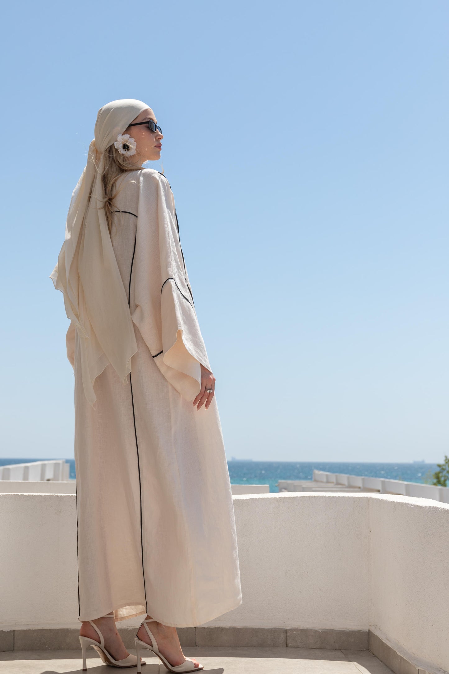 %100 Keten Siyah Biyeli Ekru Kimono