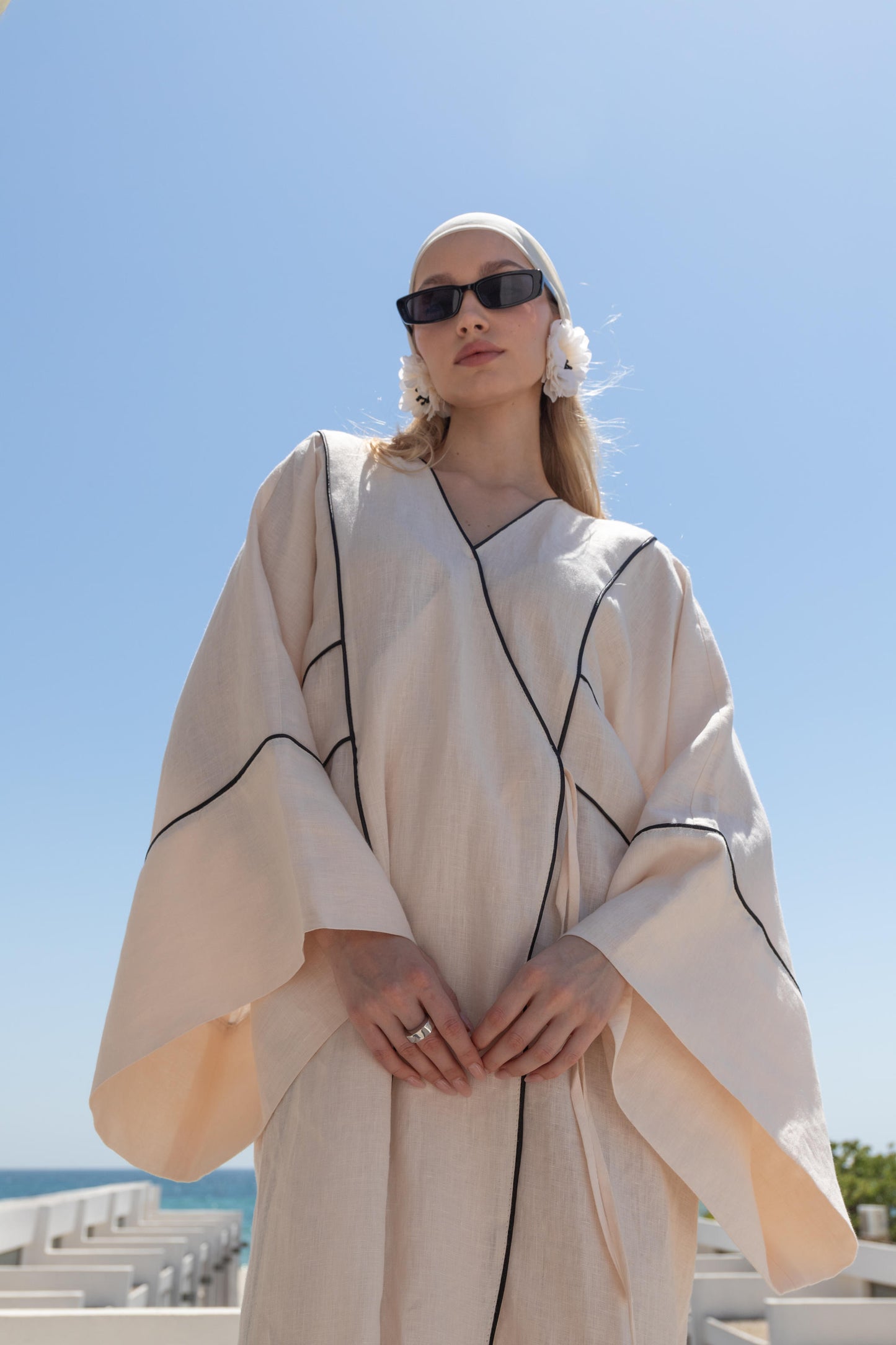 %100 Keten Siyah Biyeli Ekru Kimono