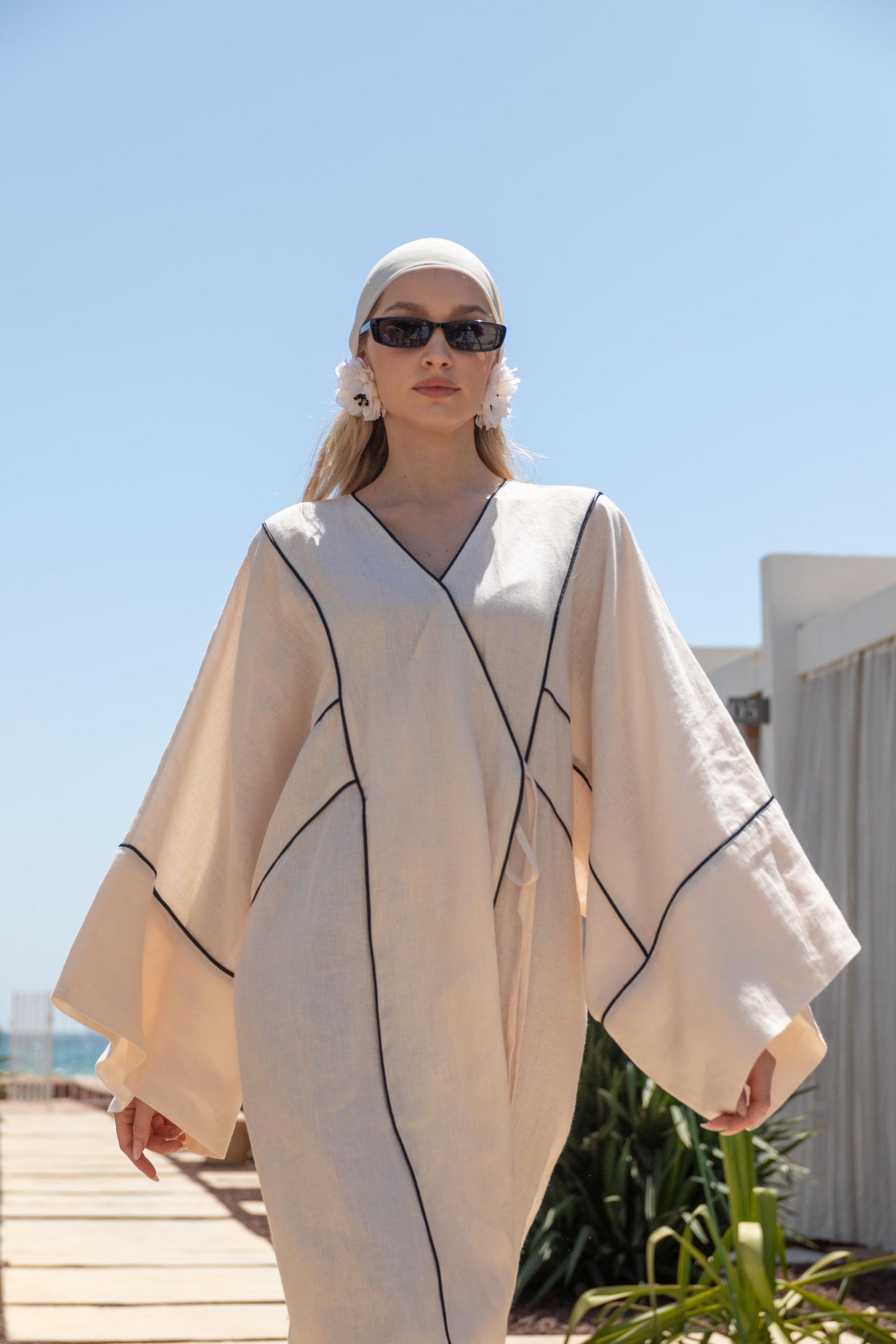 %100 Keten Siyah Biyeli Ekru Kimono