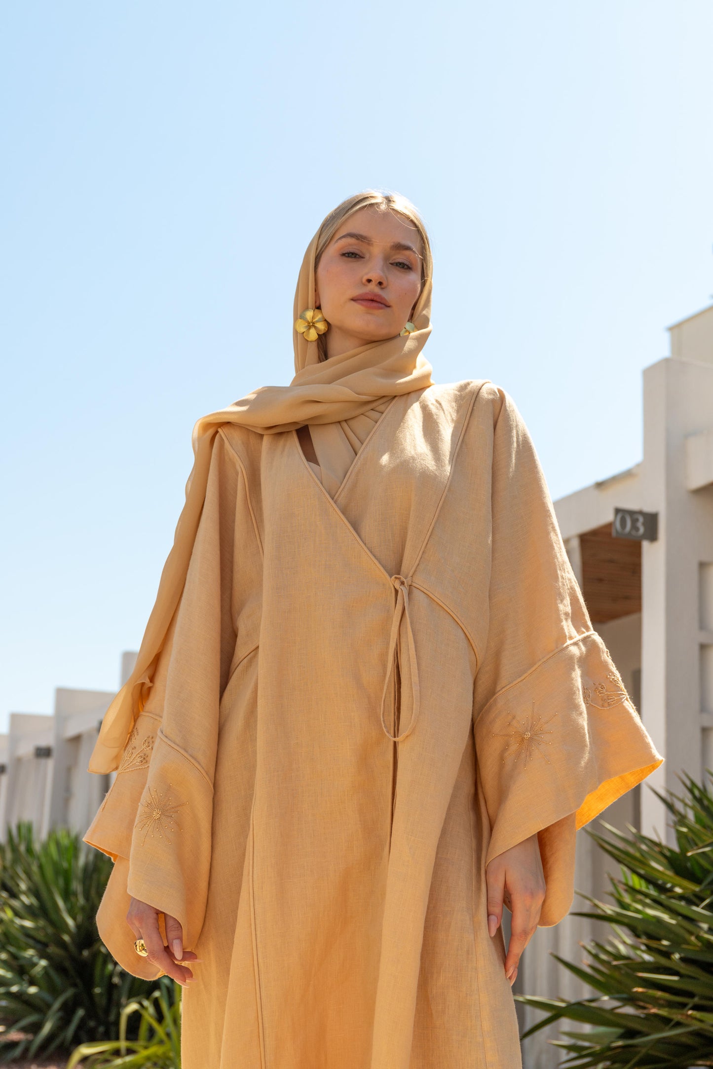 %100 Keten El Nakışlı Kimono Butter Yellow