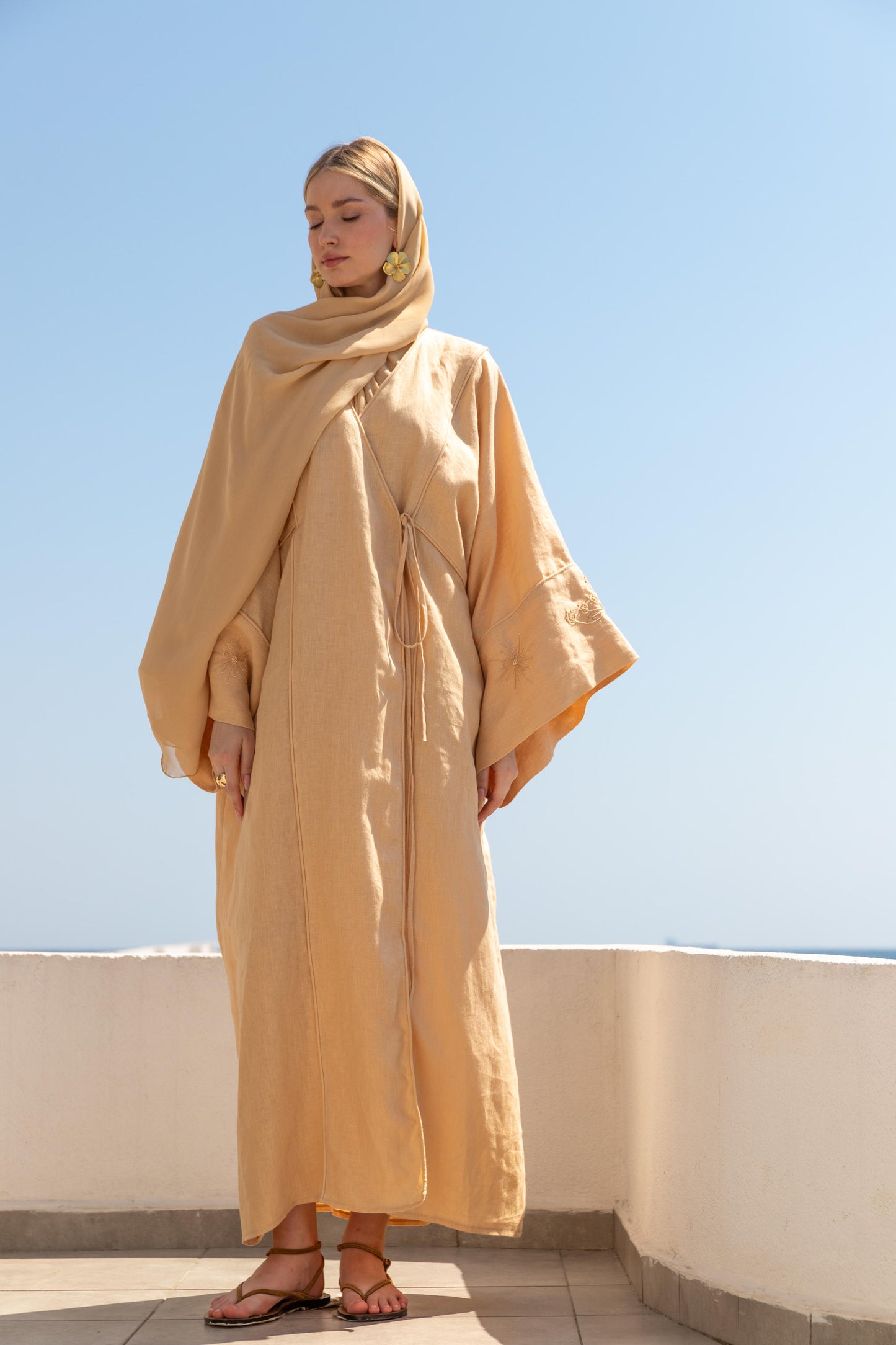 %100 Keten El Nakışlı Kimono Butter Yellow