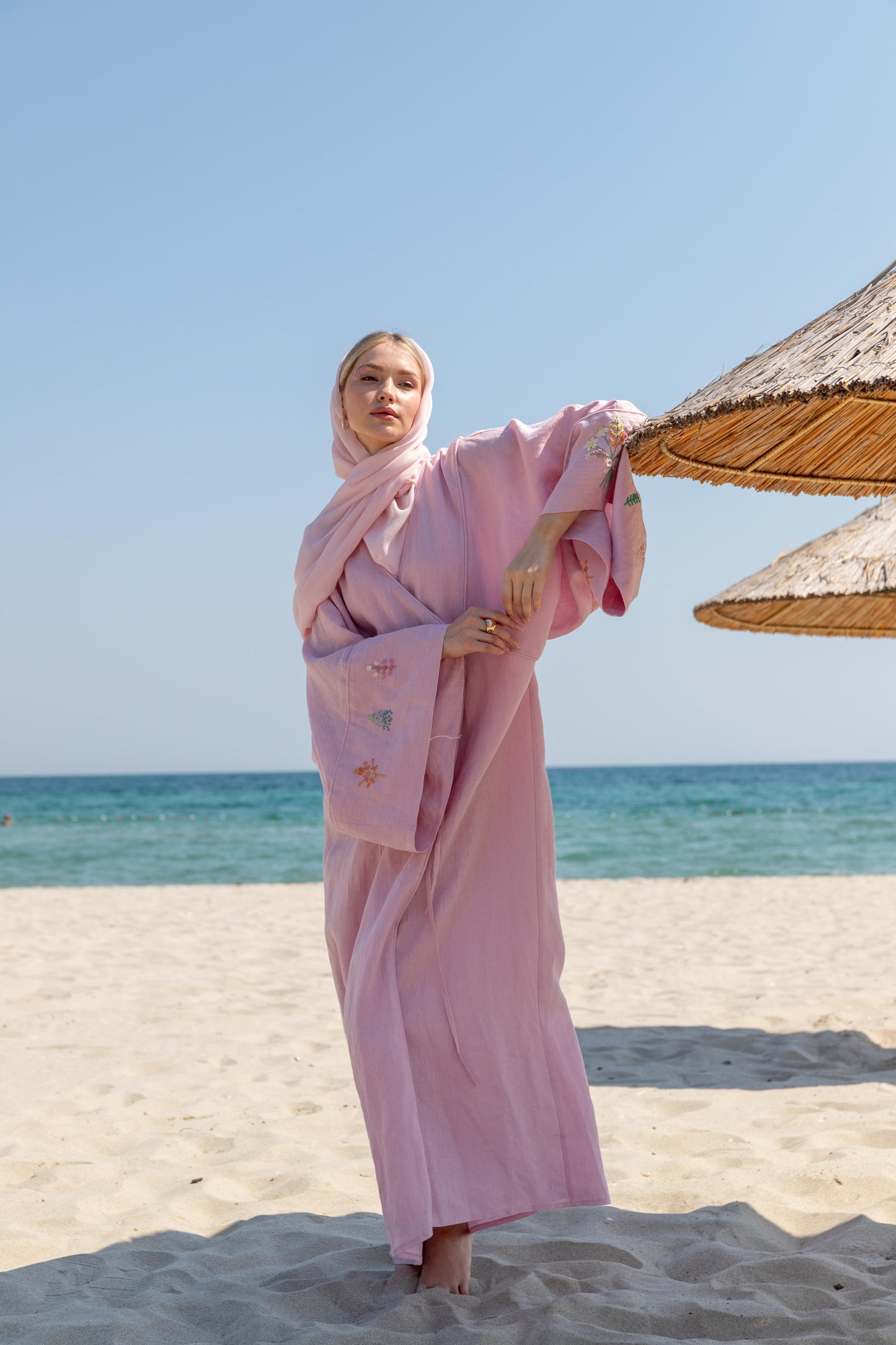 %100 Keten Biyeli El Nakışlı Kimono Leylak Pembe