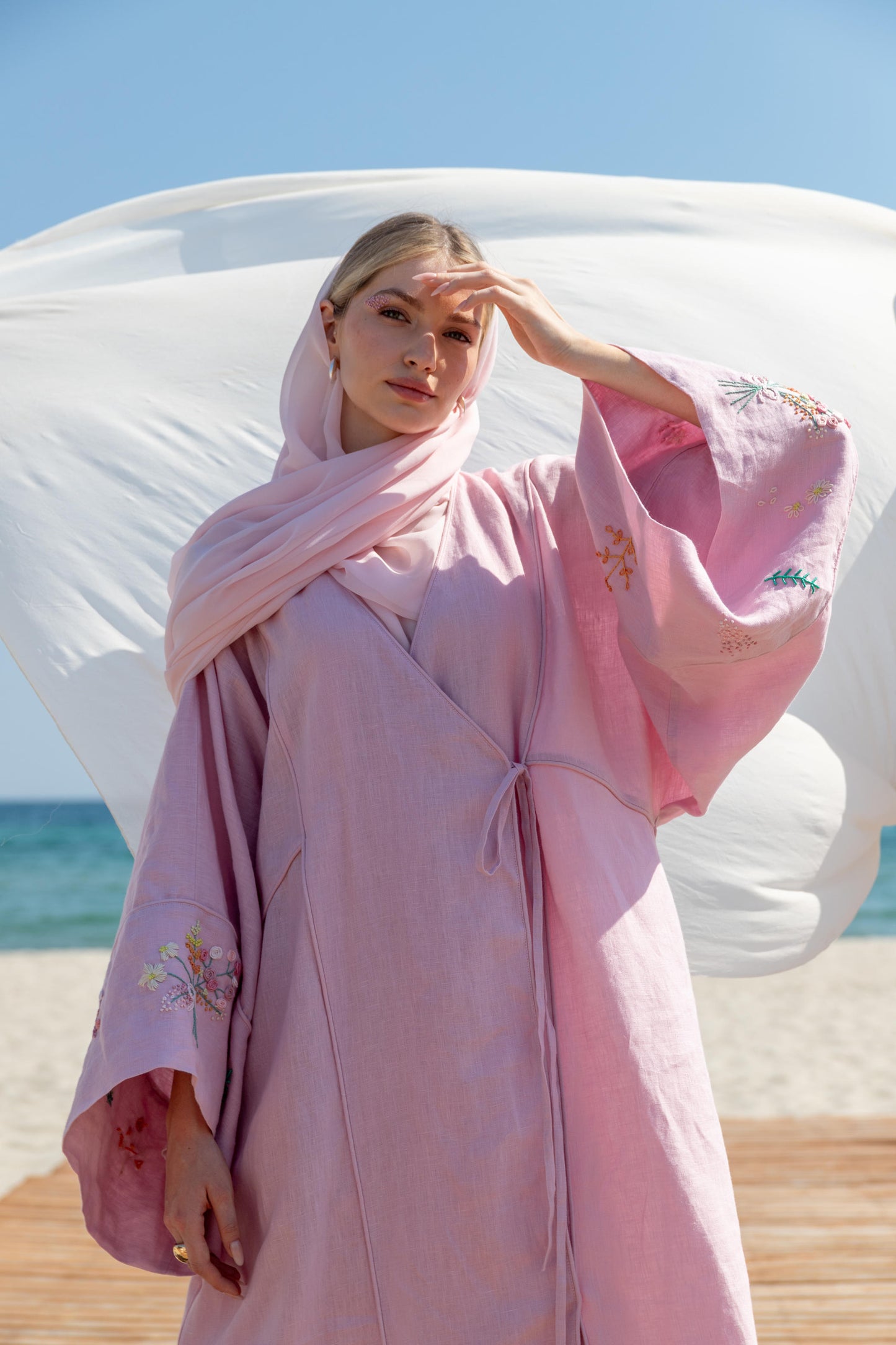 %100 Keten Biyeli El Nakışlı Kimono Leylak Pembe