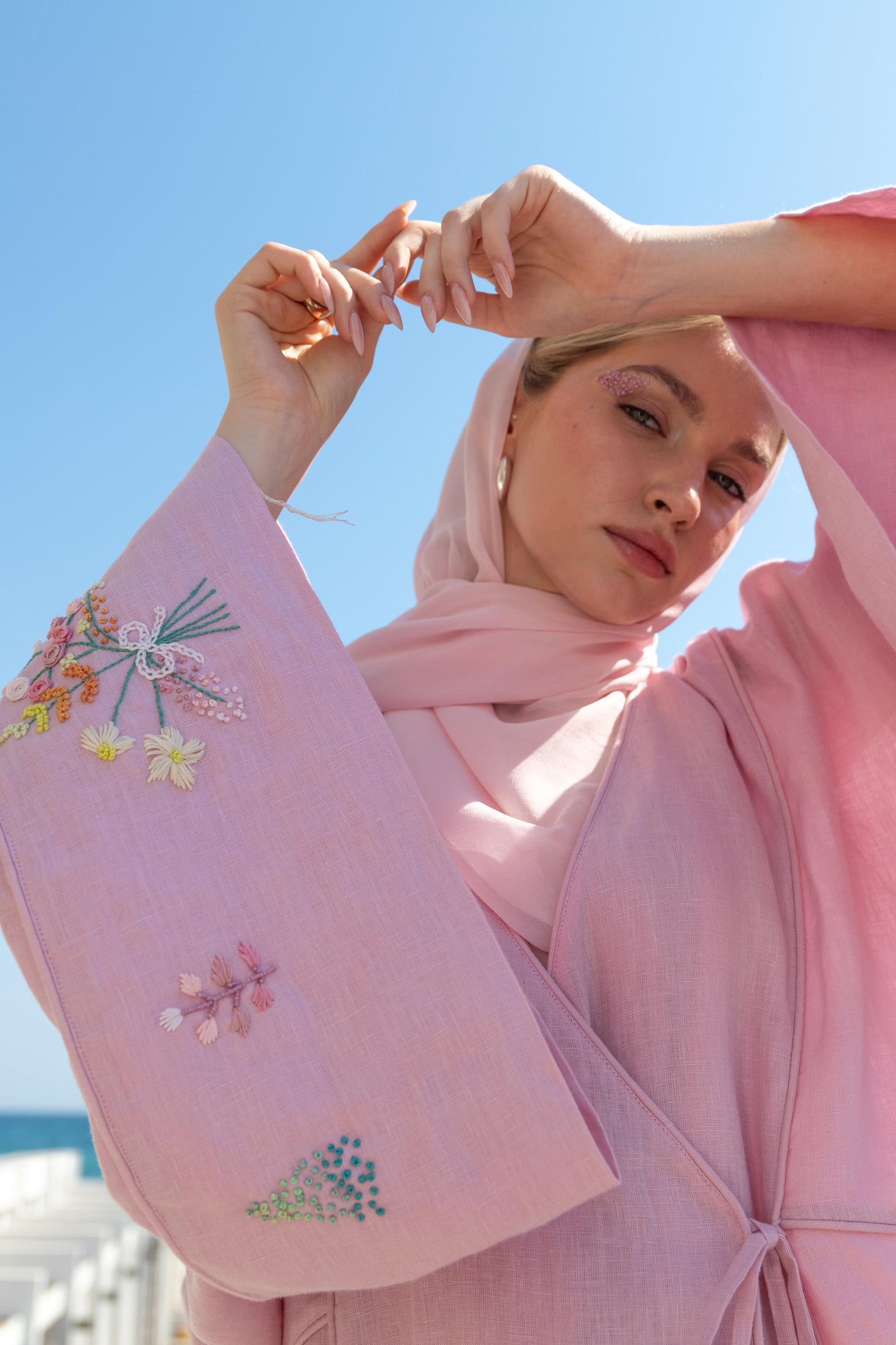 %100 Keten Biyeli El Nakışlı Kimono Leylak Pembe