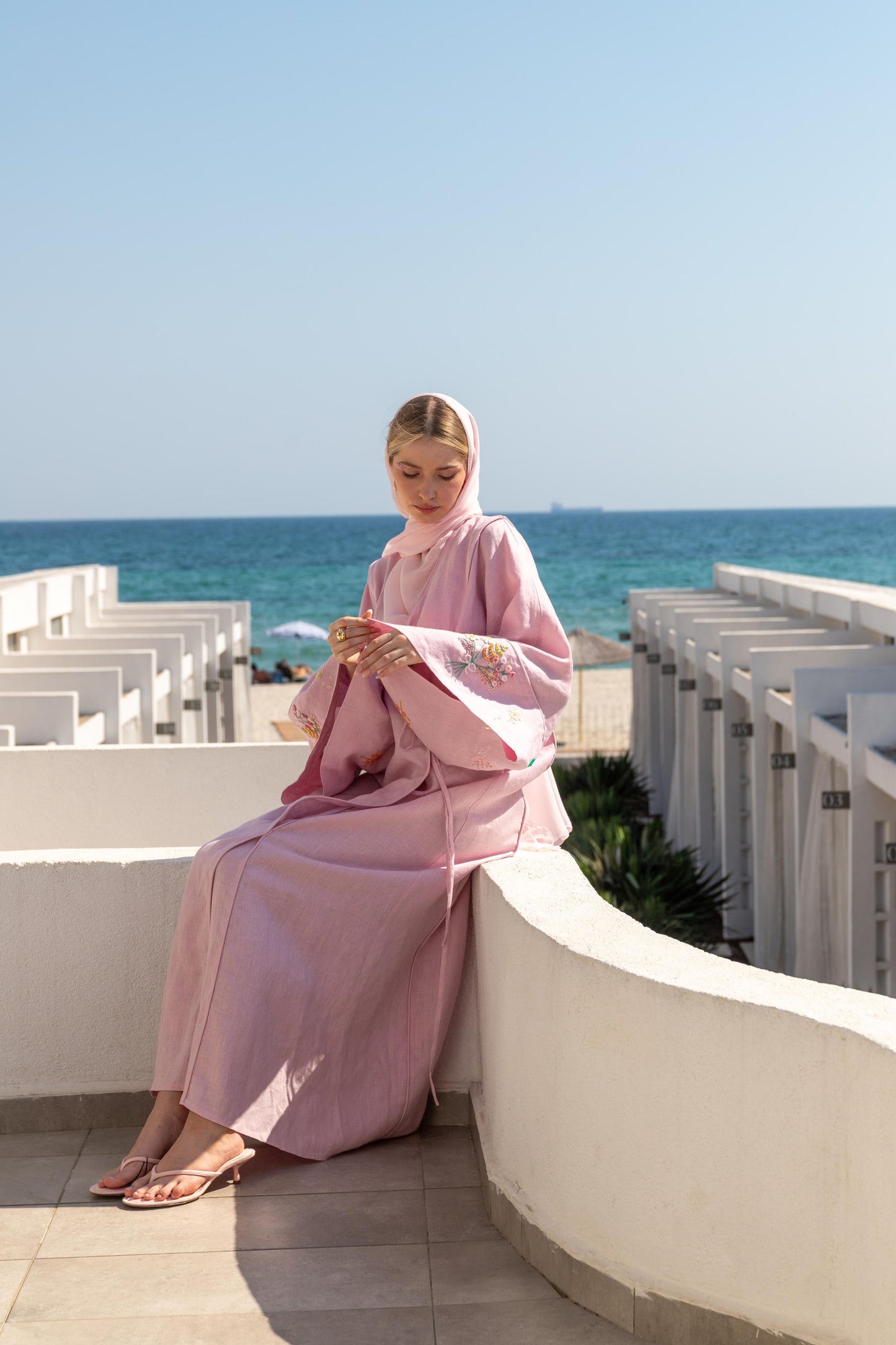 %100 Keten Biyeli El Nakışlı Kimono Leylak Pembe