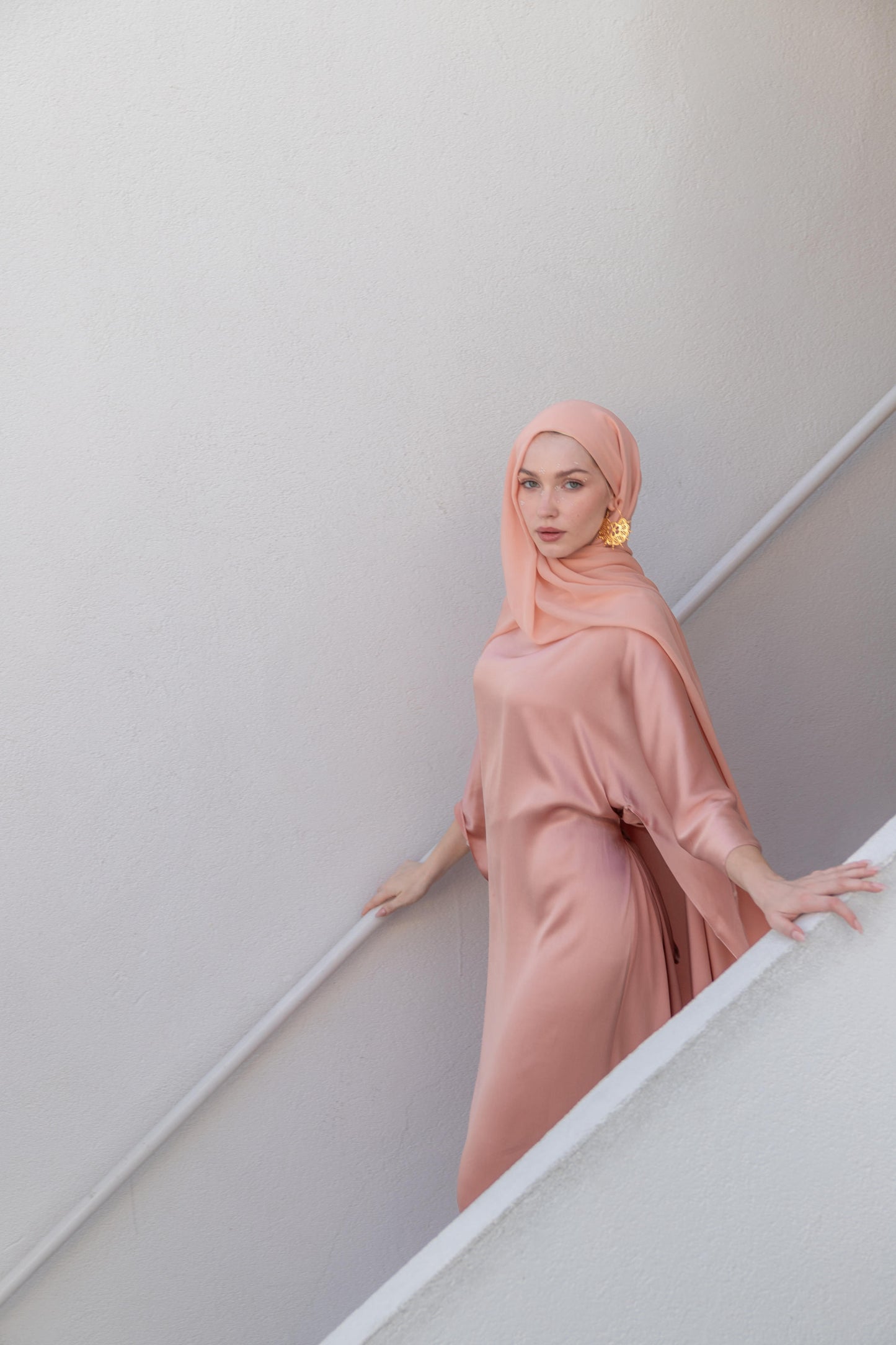 100% İpek Pelerin Abiye Peach