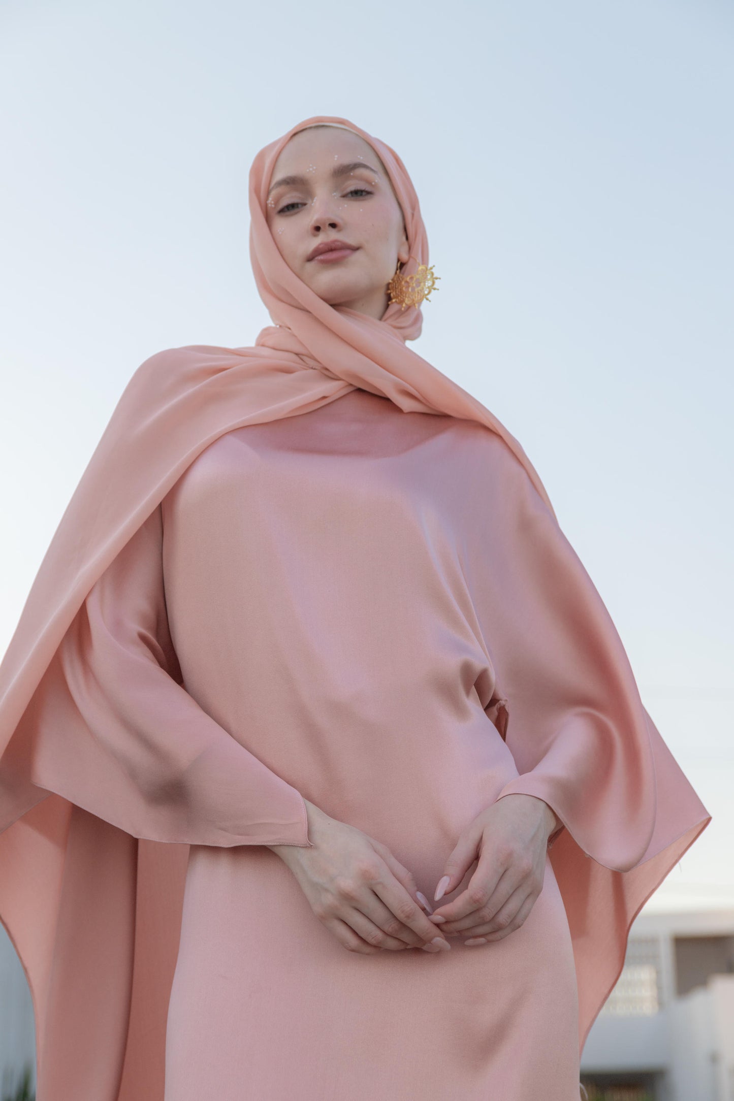 100% İpek Pelerin Abiye Peach