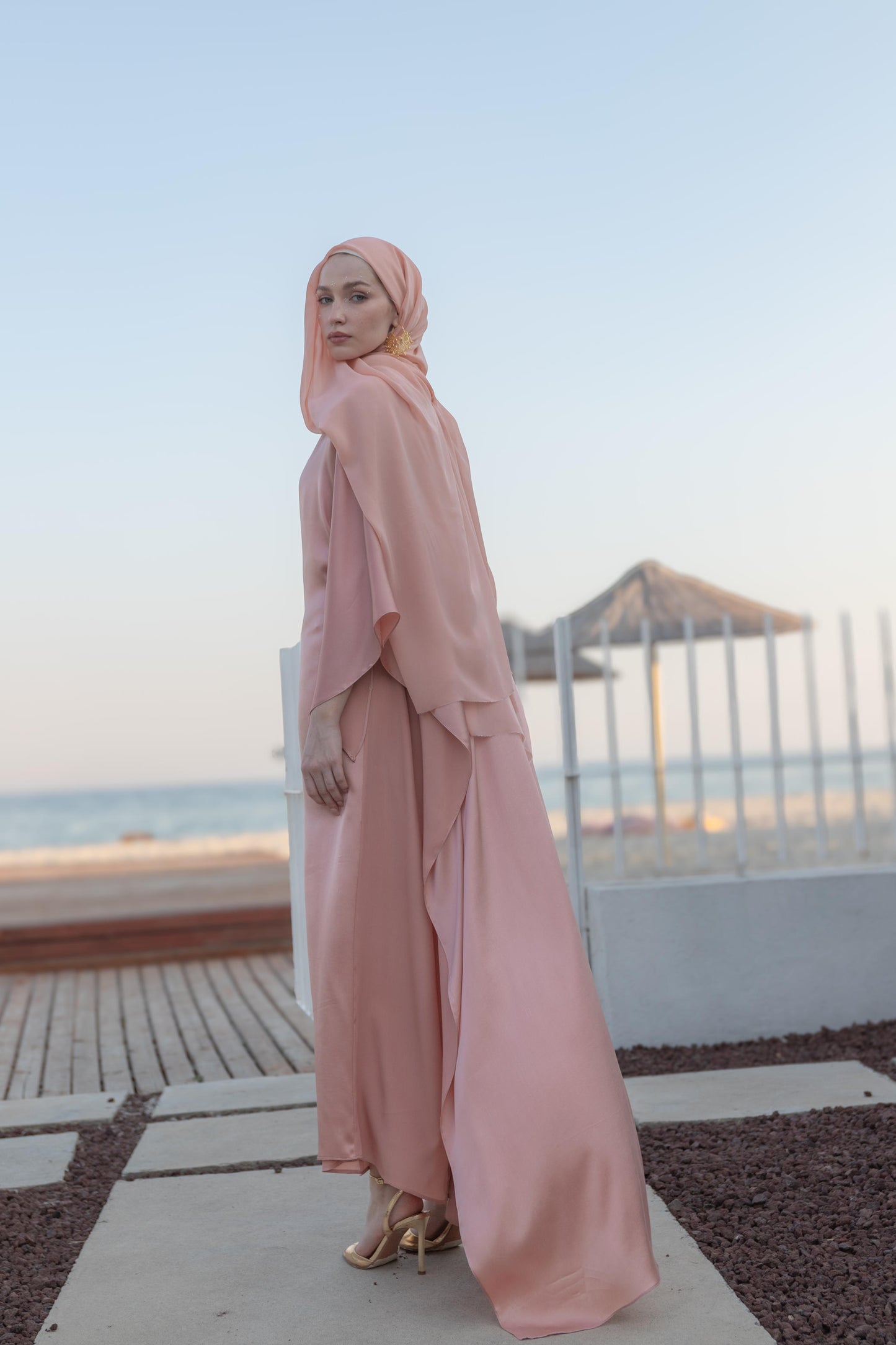 100% İpek Pelerin Abiye Peach