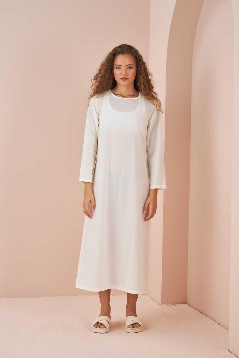 % 100 Pamuk Vual Uzun Kollu İç Elbise Ekru