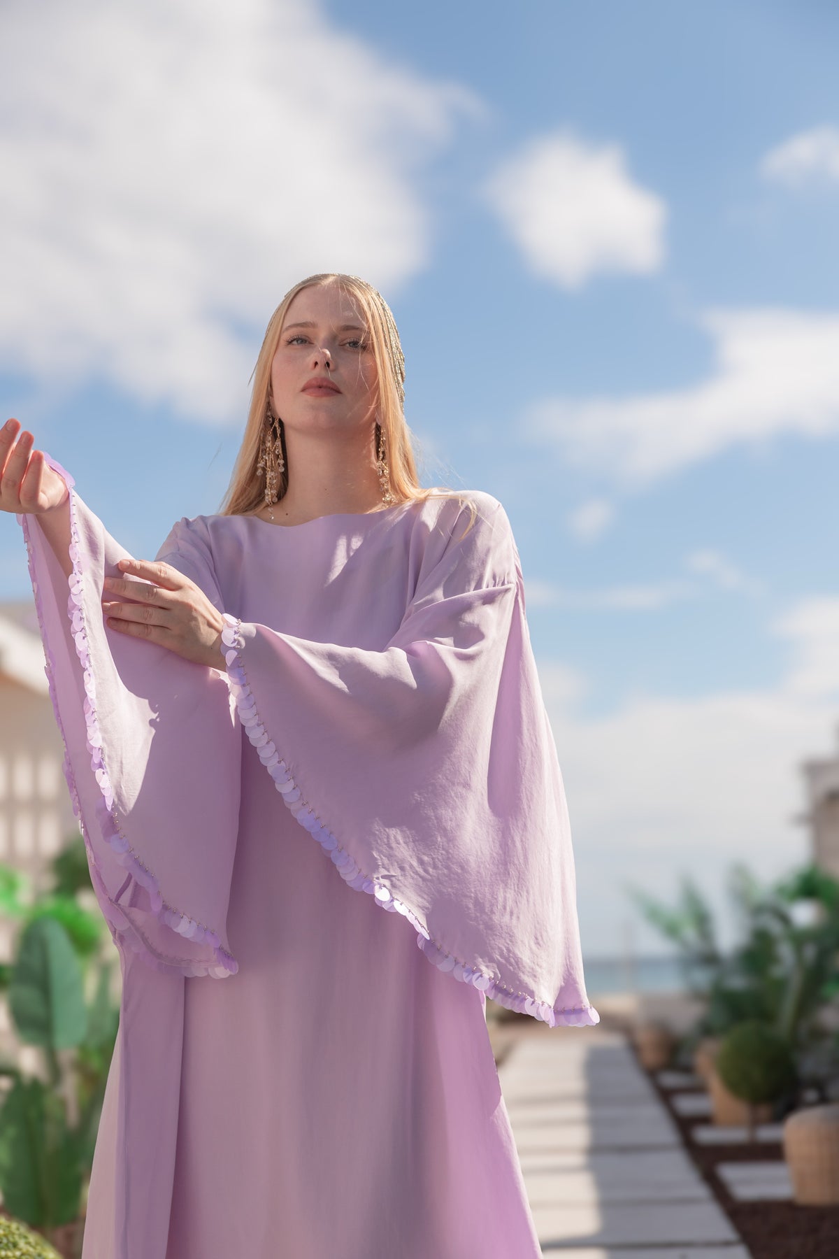 RÊVERIE |El İşlemeli İpekli Cupra Kaftan Elbise Lilac Dream