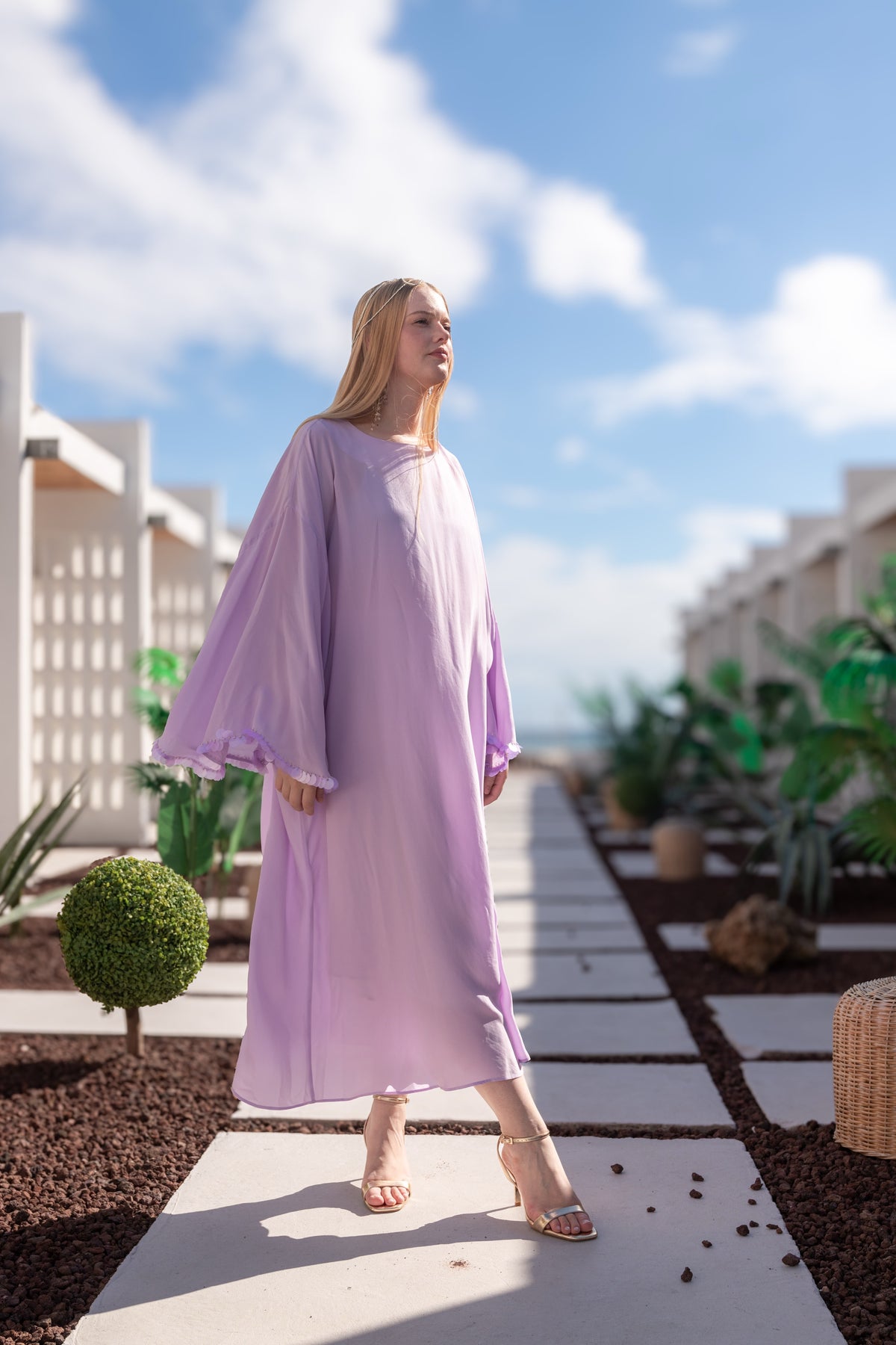 RÊVERIE |El İşlemeli İpekli Cupra Kaftan Elbise Lilac Dream