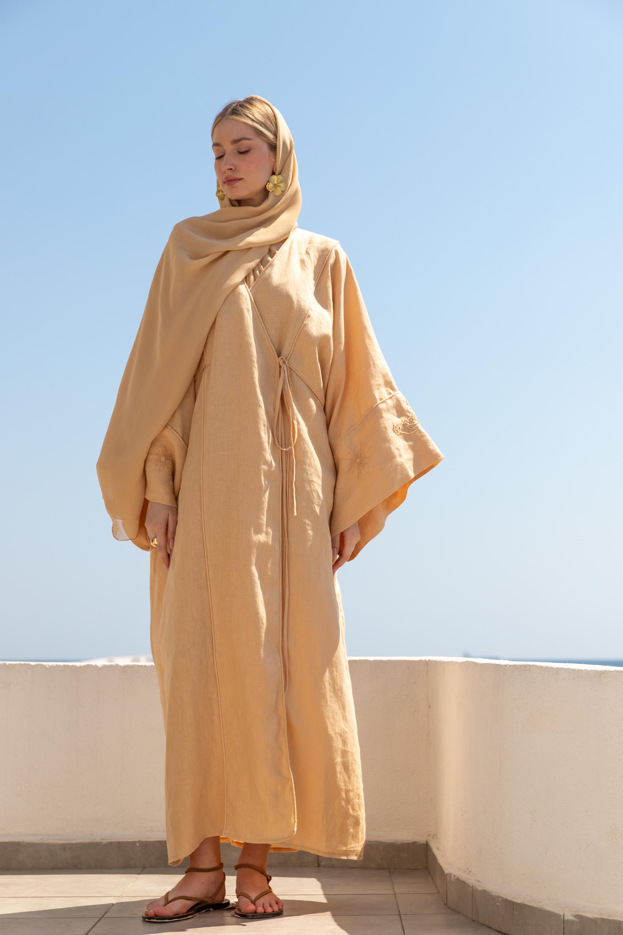 %100 Keten El Nakışlı Kimono Butter Yellow