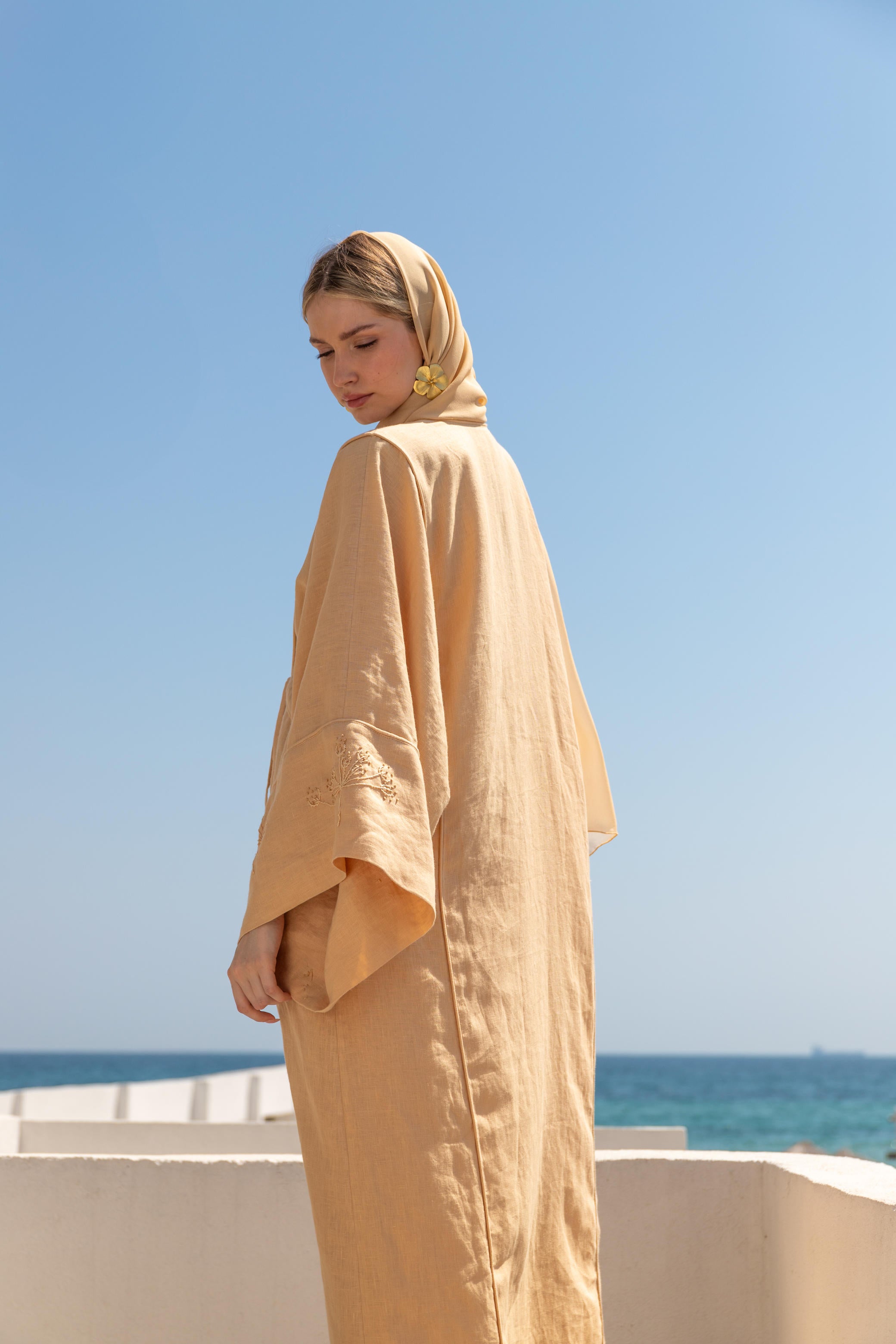 %100 Keten El Nakışlı Kimono Butter Yellow
