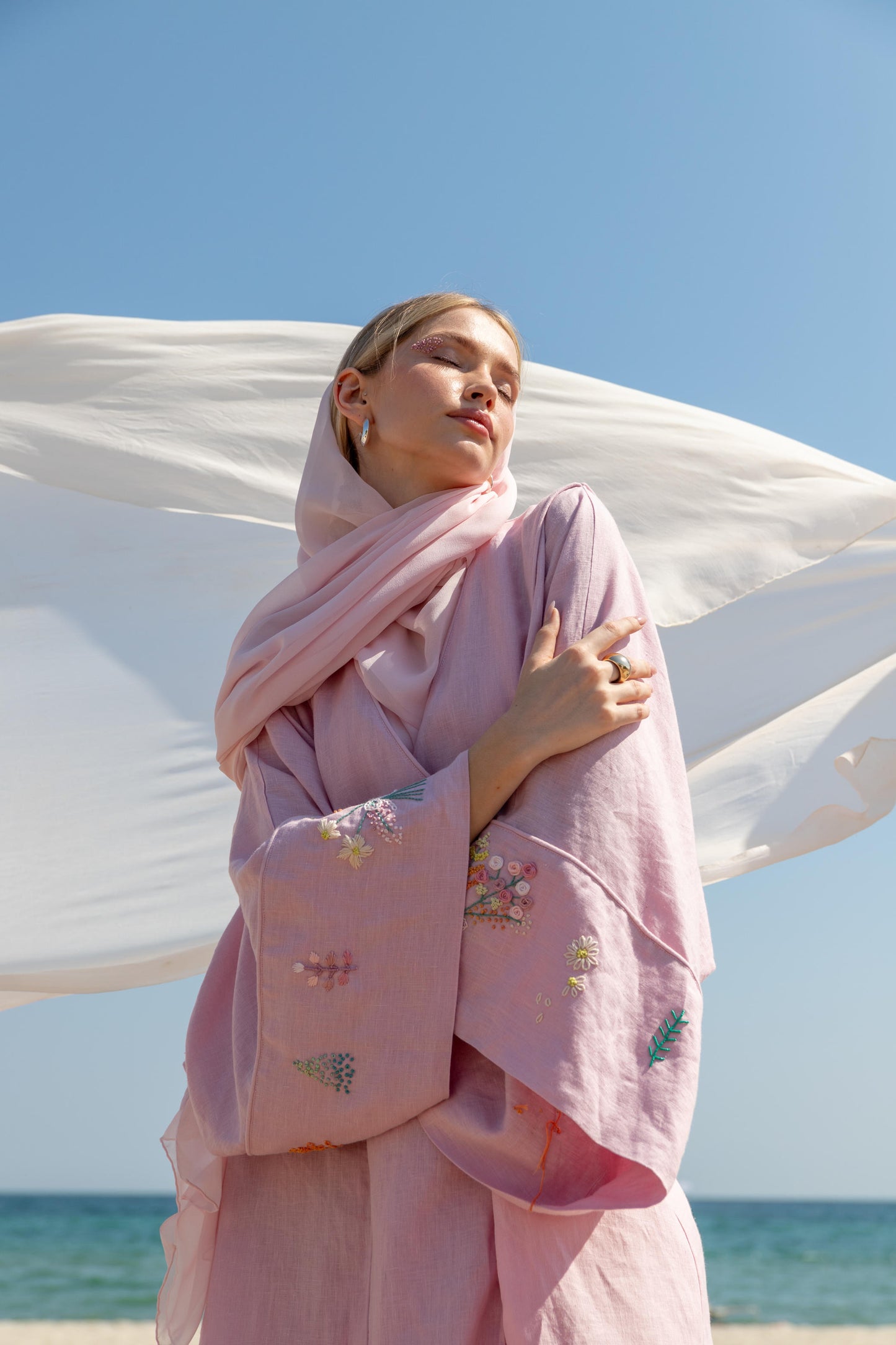 %100 Keten Biyeli El Nakışlı Kimono Leylak Pembe