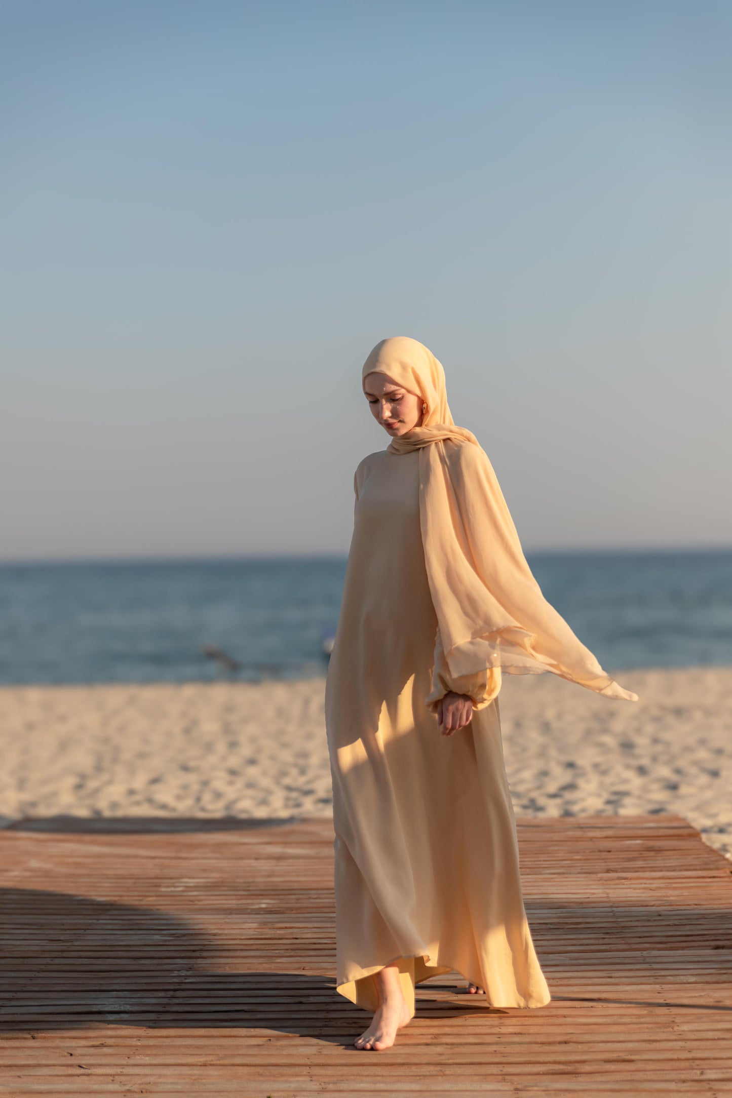 Hand Embroidered Balloon Sleeve Abaya Dress with Crystals and Pearls, Butter Yellow