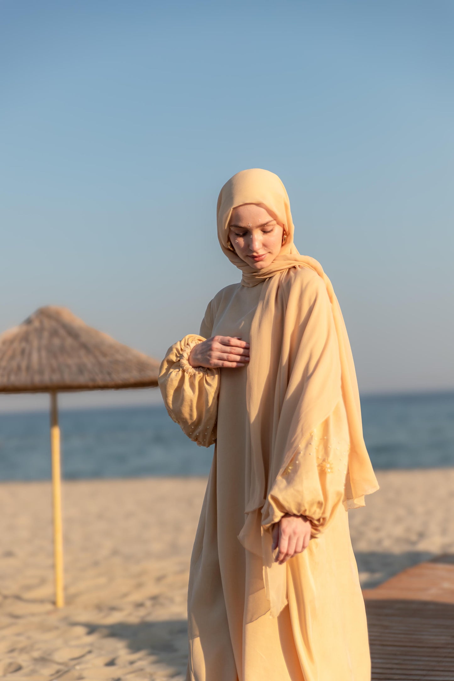 Hand Embroidered Balloon Sleeve Abaya Dress with Crystals and Pearls, Butter Yellow