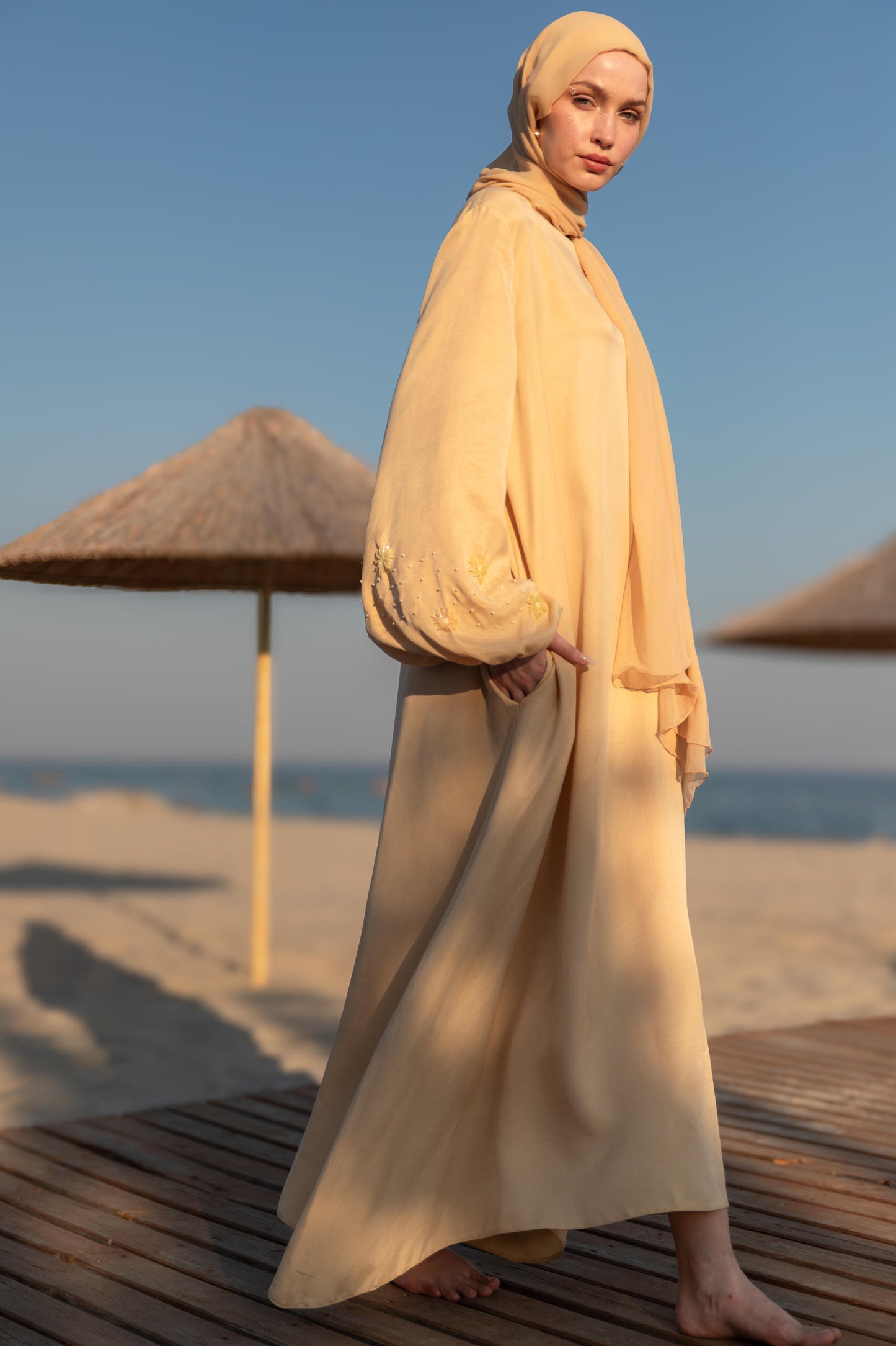 Hand Embroidered Balloon Sleeve Abaya Dress with Crystals and Pearls, Butter Yellow