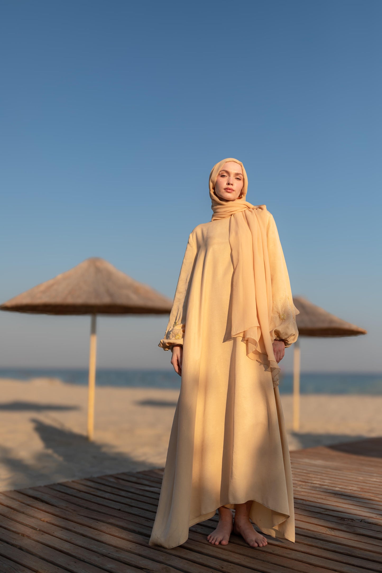 Hand Embroidered Balloon Sleeve Abaya Dress with Crystals and Pearls, Butter Yellow