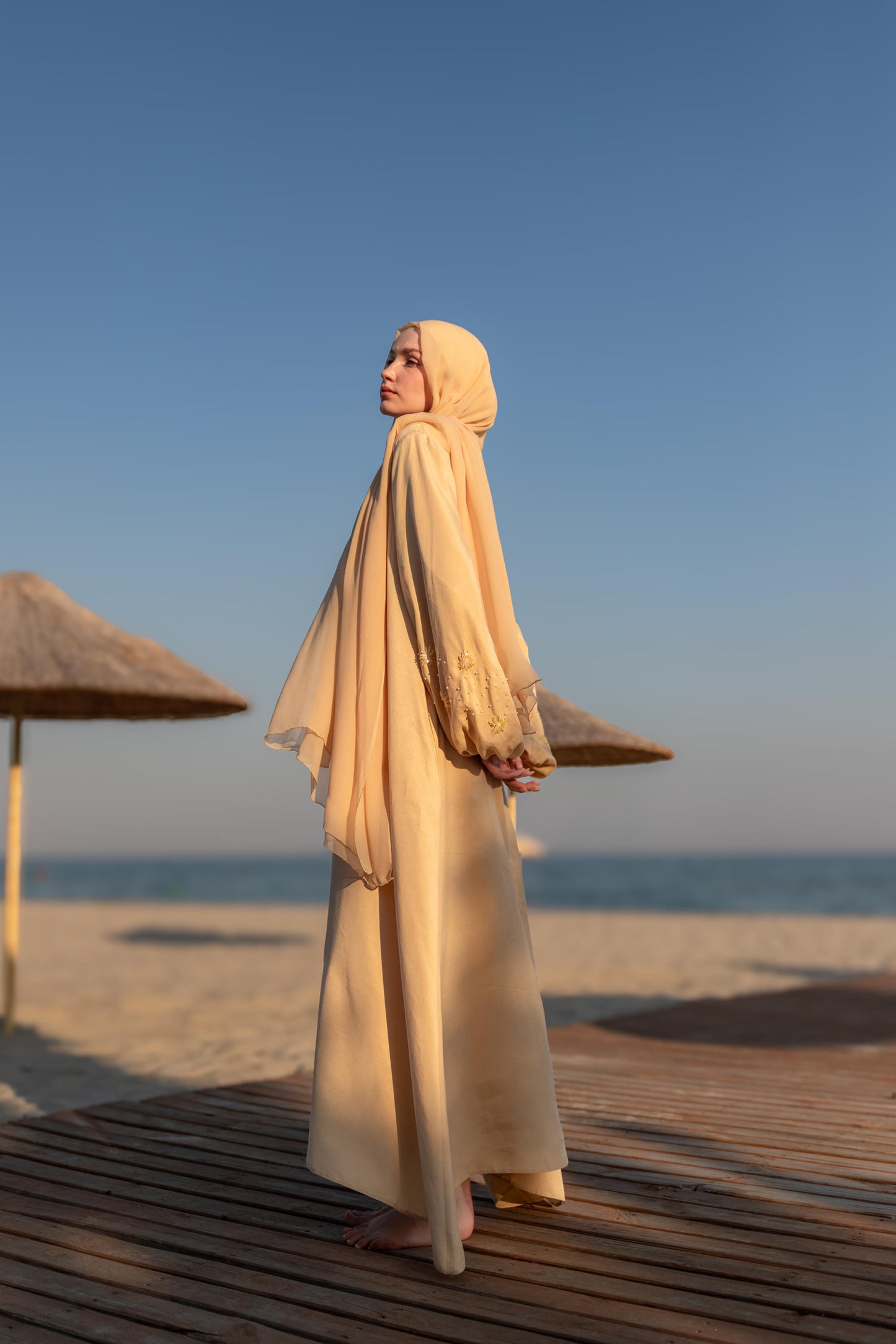 Hand Embroidered Balloon Sleeve Abaya Dress with Crystals and Pearls, Butter Yellow