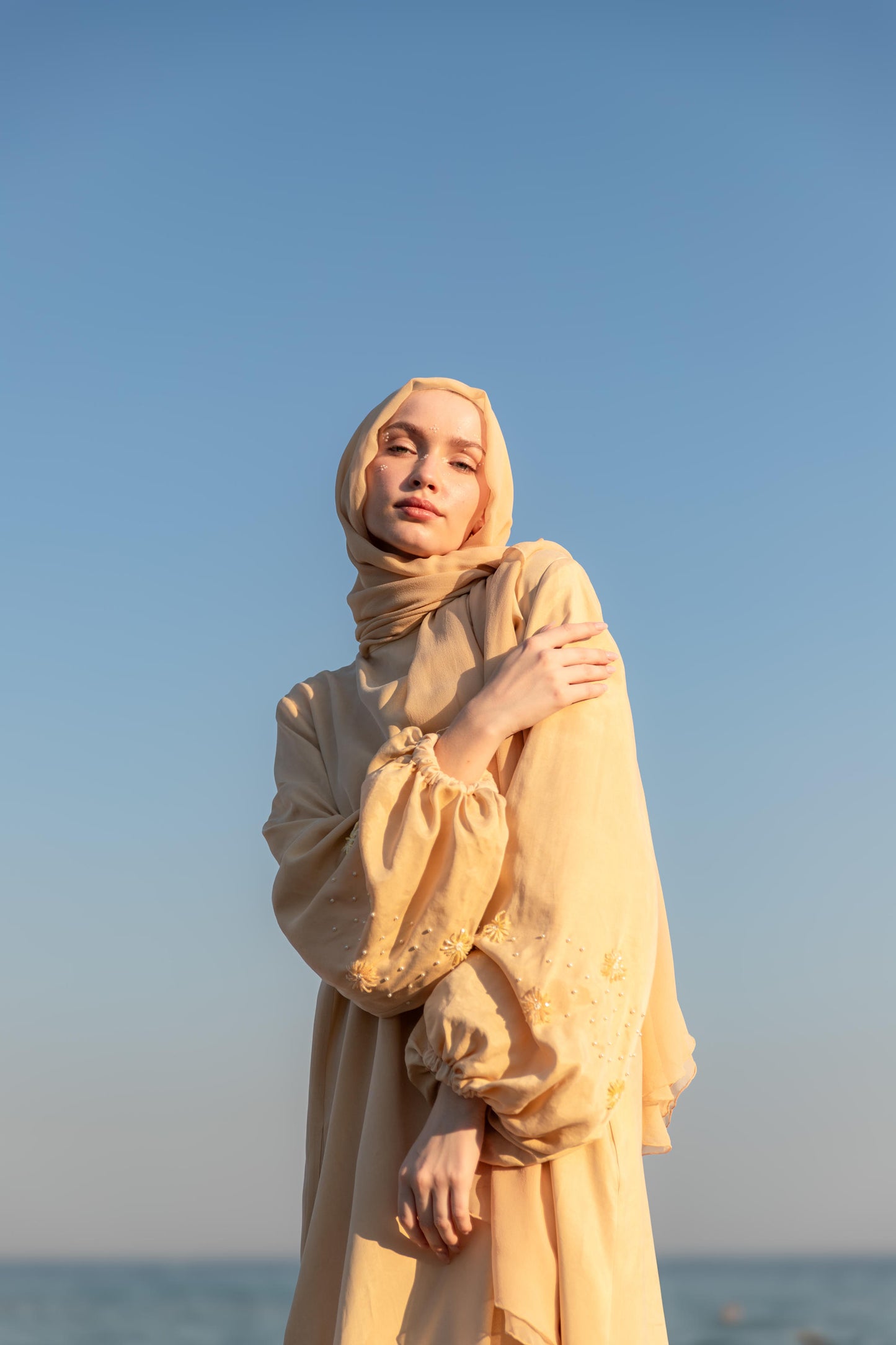 Hand Embroidered Balloon Sleeve Abaya Dress with Crystals and Pearls, Butter Yellow