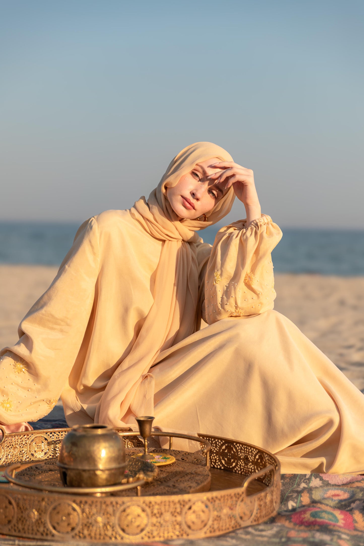 Hand Embroidered Balloon Sleeve Abaya Dress with Crystals and Pearls, Butter Yellow