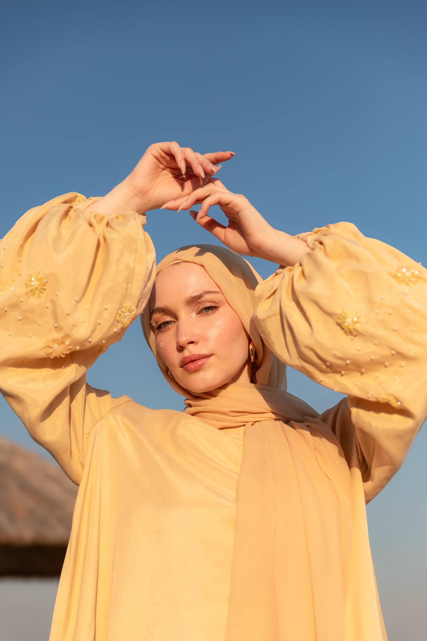 Hand Embroidered Balloon Sleeve Abaya Dress with Crystals and Pearls, Butter Yellow