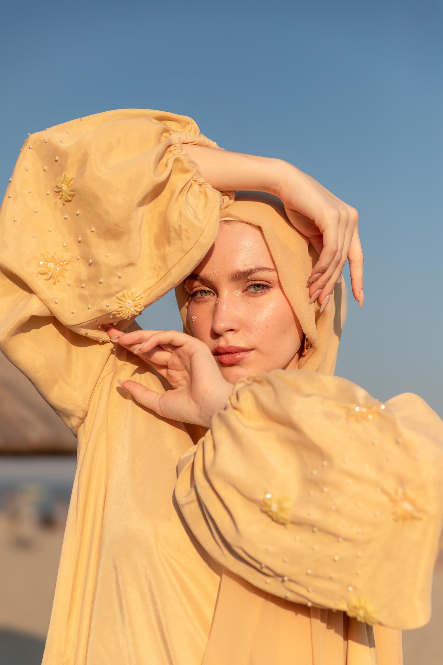 Hand Embroidered Balloon Sleeve Abaya Dress with Crystals and Pearls, Butter Yellow
