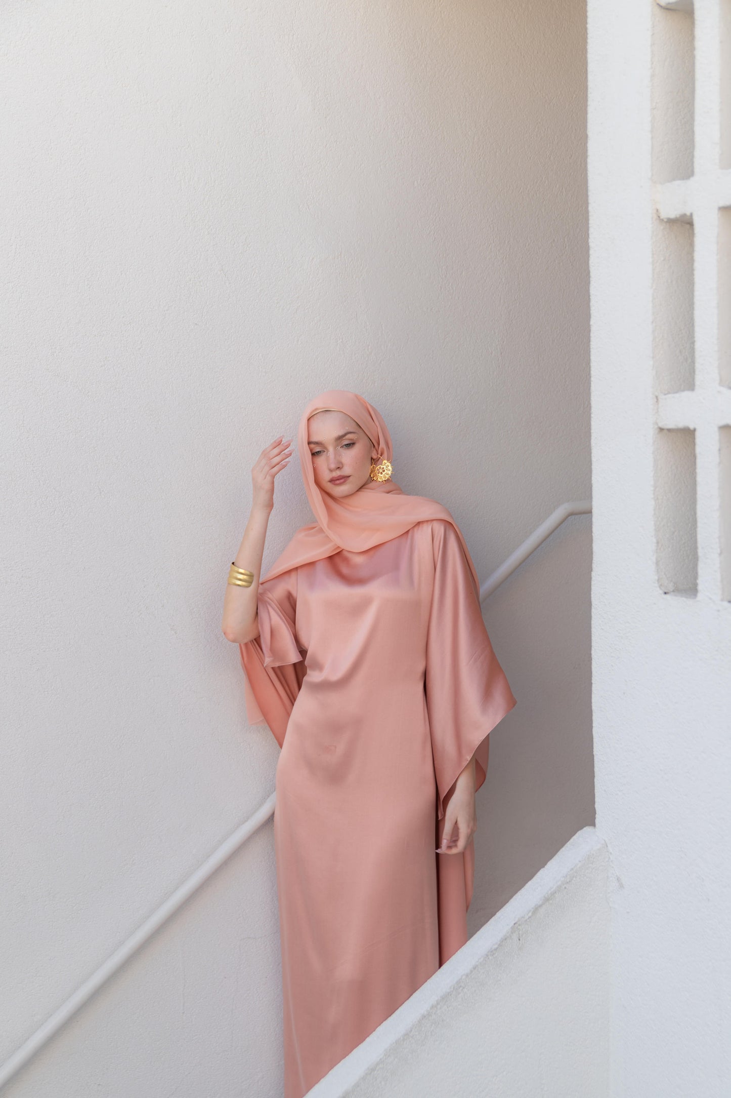 100% İpek Pelerin Abiye Peach