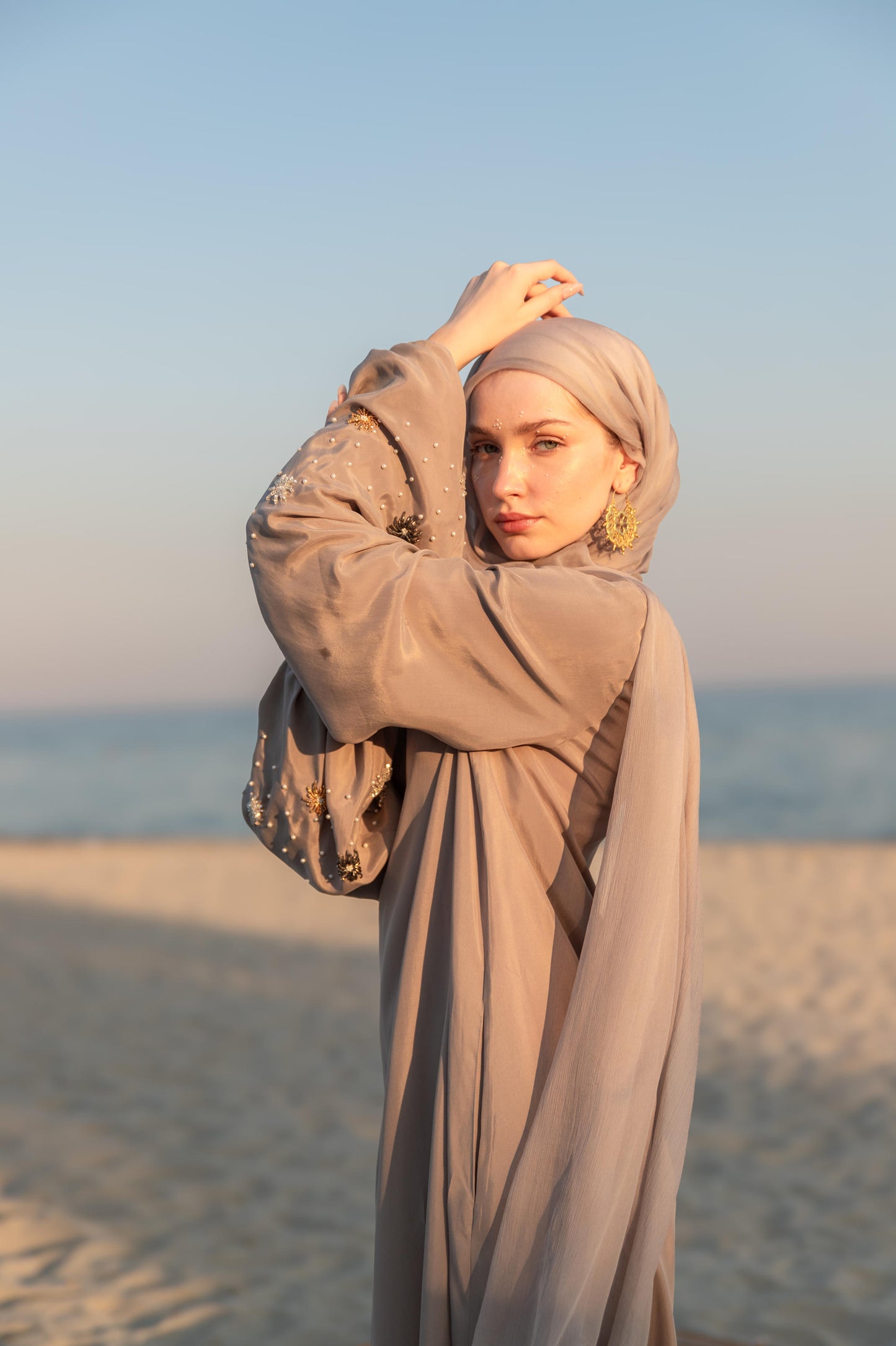 Hand Embroidered Balloon Sleeve Abaya Dress with Crystals and Pearls, Smoke Gray