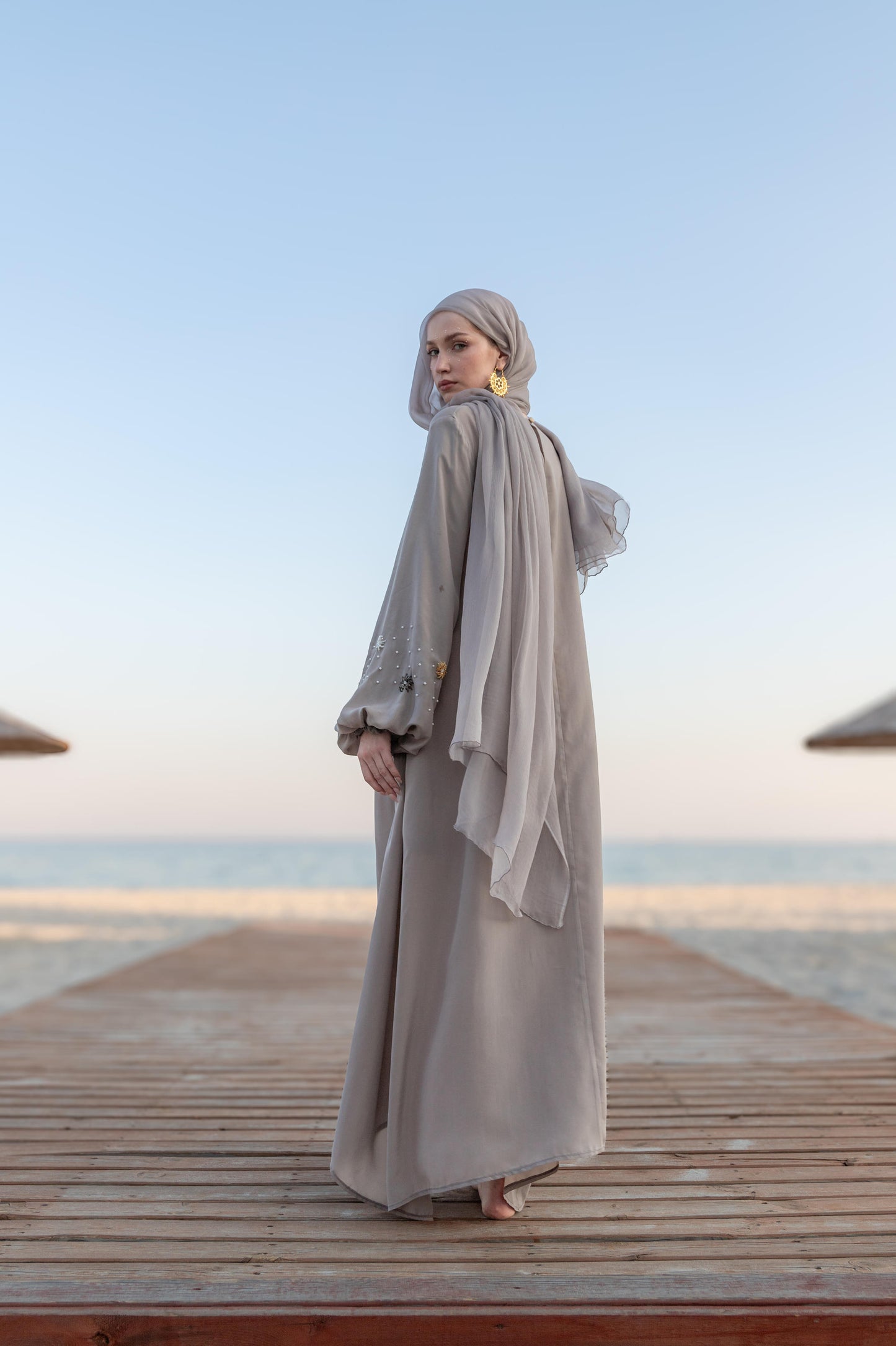 Hand Embroidered Balloon Sleeve Abaya Dress with Crystals and Pearls, Smoke Gray