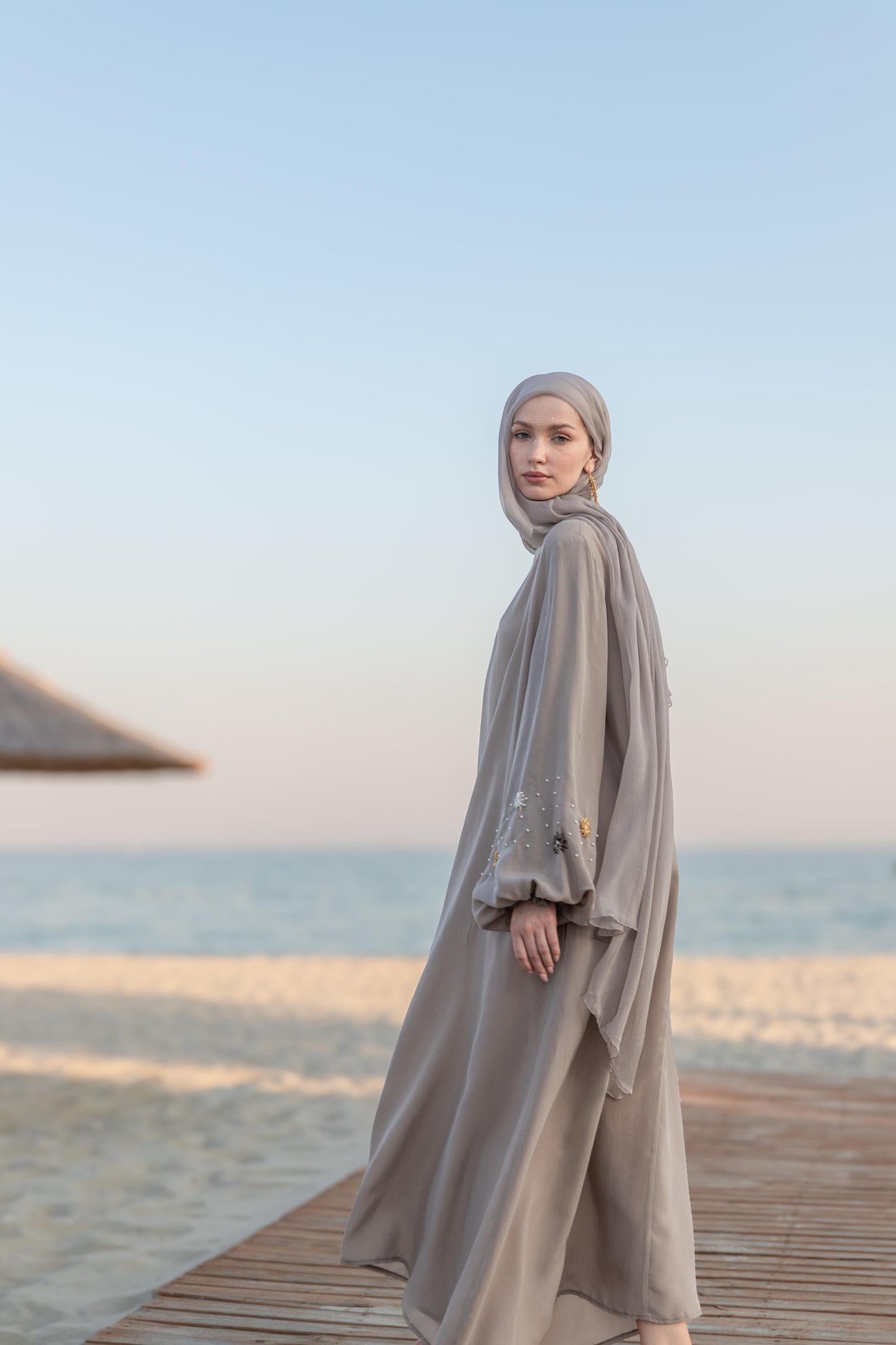Hand Embroidered Balloon Sleeve Abaya Dress with Crystals and Pearls, Smoke Gray
