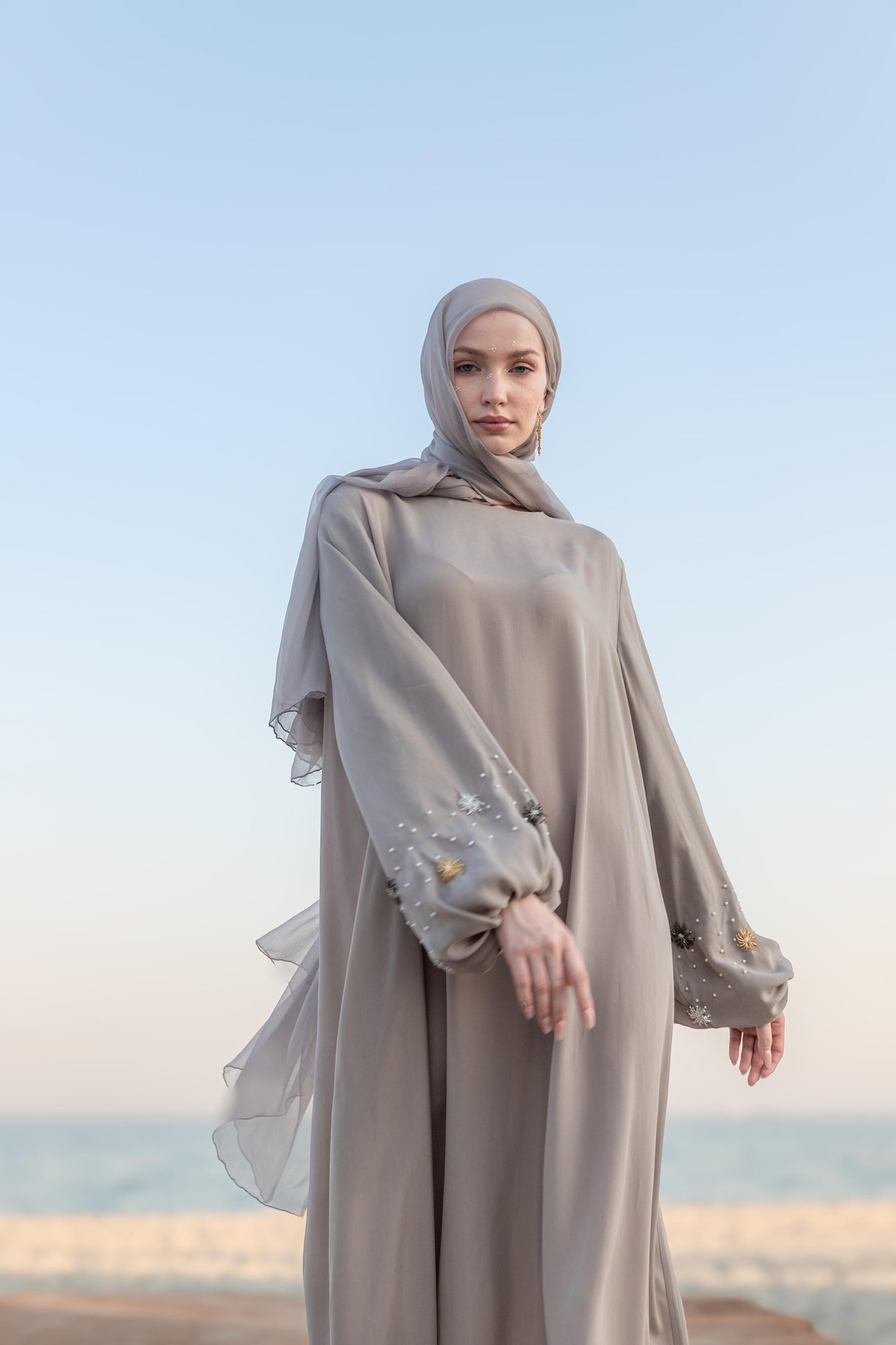 Hand Embroidered Balloon Sleeve Abaya Dress with Crystals and Pearls, Smoke Gray